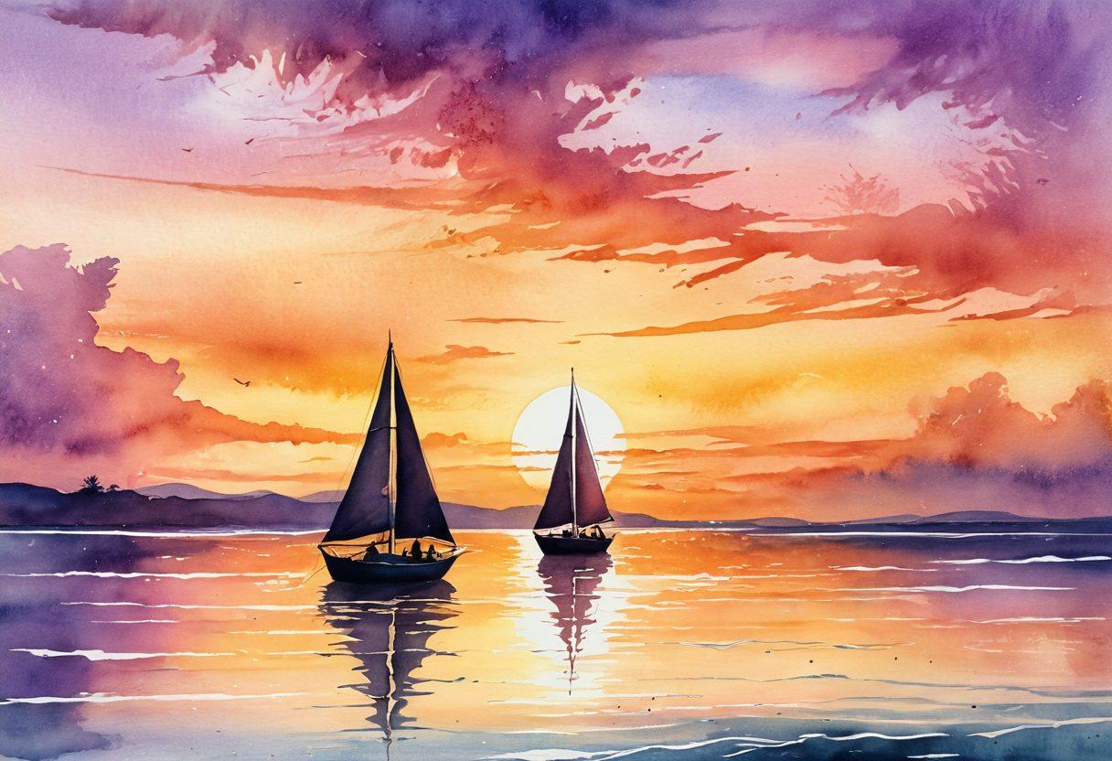A dreamy seascape at sunset, with silhouettes of a couple embracing passionately on a sailboat, surrounded by soft waves and delicate flowers drifting in the air. The warm colors of the sunset reflect on the water, creating a serene yet passionate ambiance. Ethereal light sparkles around them, enhancing the feeling of intimacy and love. watercolor painting. soft pastel colors. romantic atmosphere.