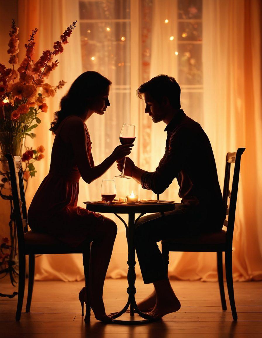 A romantic setting with two silhouettes sitting close, engaged in deep conversation, surrounded by soft candlelight and warm colors. There are delicate flowers and a glass of wine on a small table, symbolizing intimacy and connection. The background features soft, blurred images of tender moments, creating an atmosphere of love and closeness. super-realistic. warm tones. soft focus.