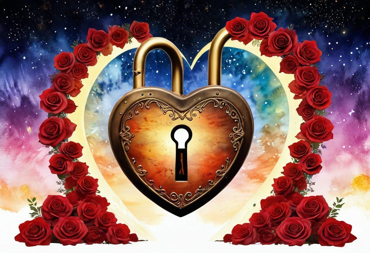 A mystic key unlocking a vintage heart-shaped lock, surrounded by swirling rose petals and soft glowing lights, symbolizing love and desire. In the background, silhouettes of a couple sharing a tender moment under a starlit sky. The colors should evoke warmth and passion with rich reds and golds. watercolor style. romantic atmosphere. vibrant colors.